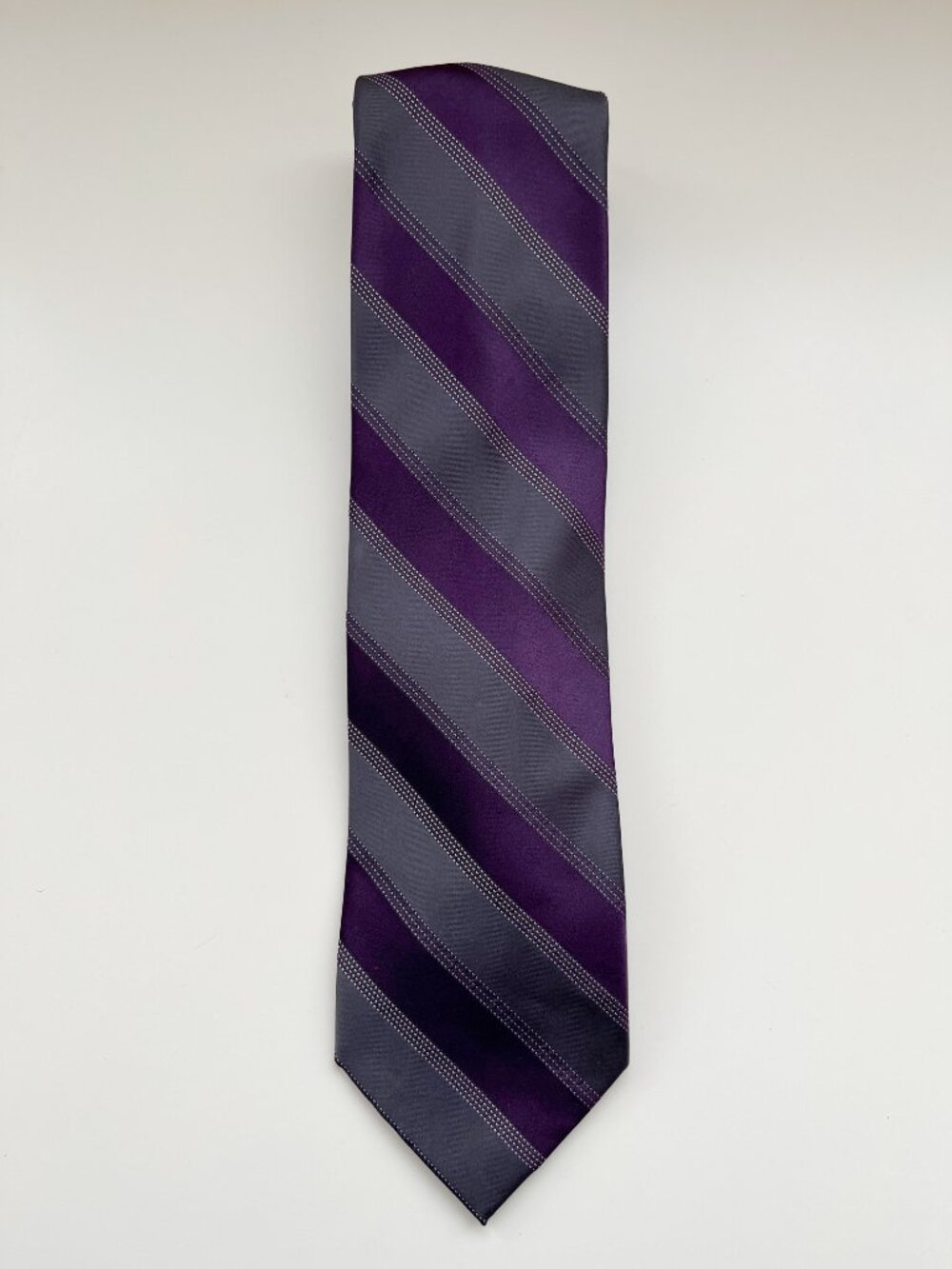 Calvin Klein Purple Grey Striped Silk Tie preppy collegiate classic vintage